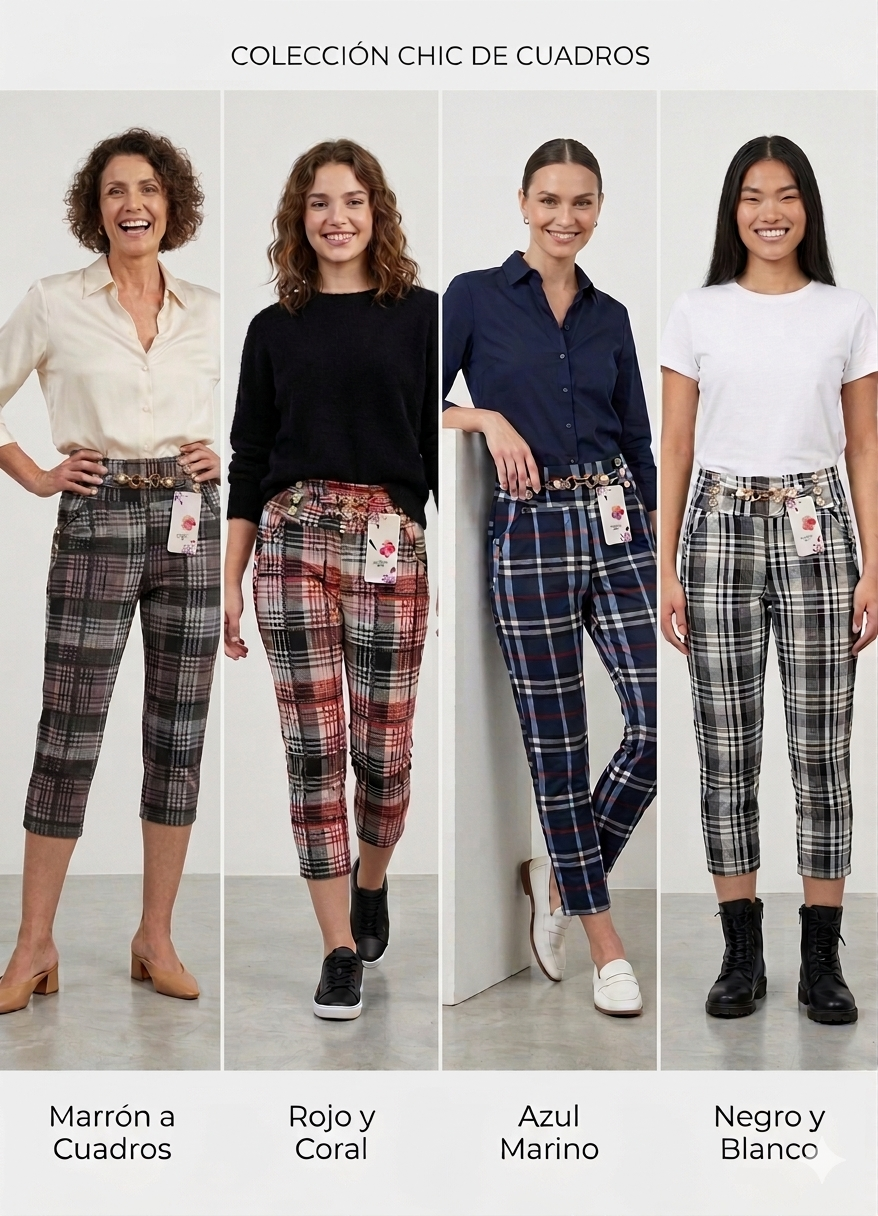 Pantalón Capri de Cuadros con Cadena y Botones | Cintura Elástica