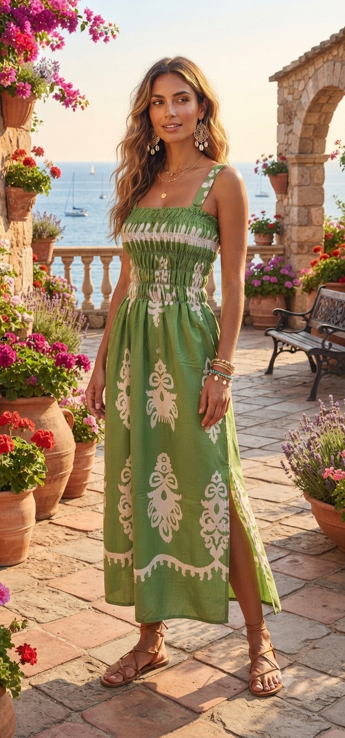 Vestido Maxi Ikat con Bordado Folk, Tirantes y Corpiño Smocked