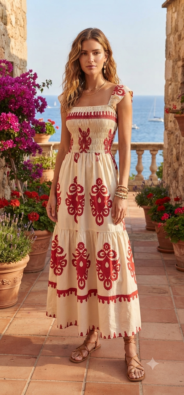 Ikat Maxi Dress with Folk Embroidery, Straps, and Smocked Bodice