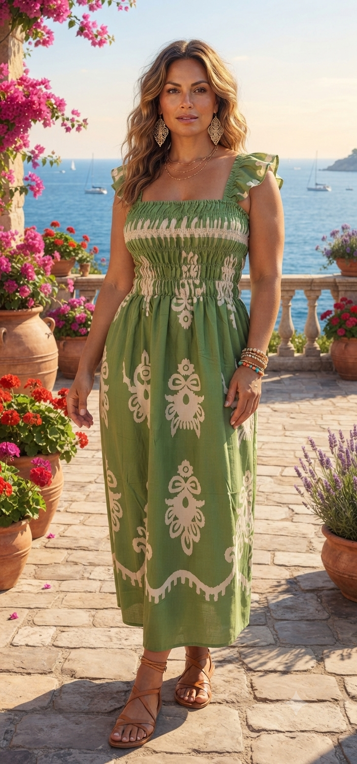 Vestido Maxi Ikat con Bordado Folk, Tirantes y Corpiño Smocked