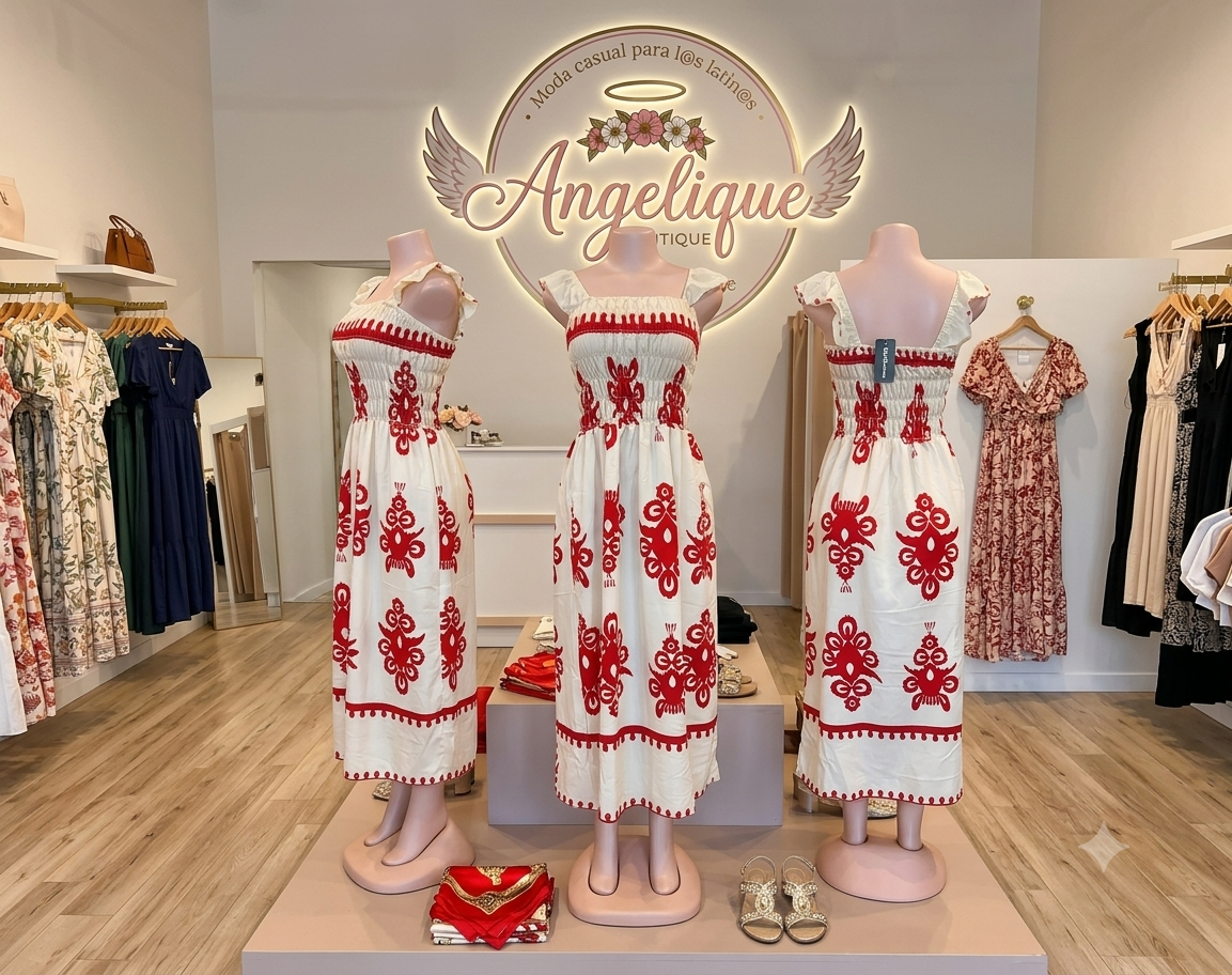 Vestido Maxi Ikat con Bordado Folk, Tirantes y Corpiño Smocked
