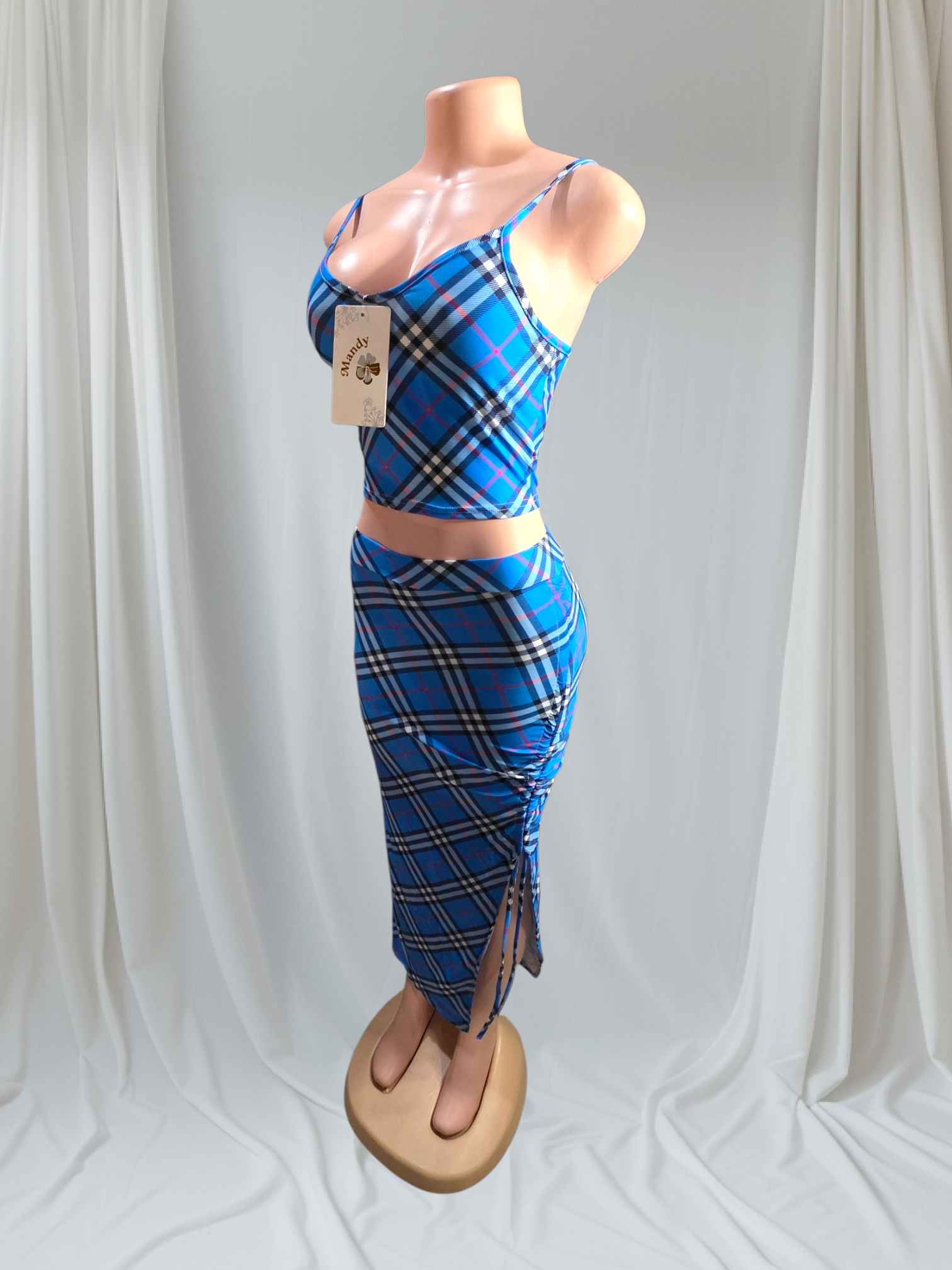 Set Dos Piezas Mujer Crop Top y Falda Midi Cuadros Azul | P-M y G-XG