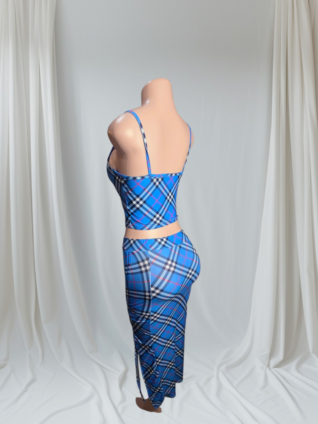 Set Dos Piezas Mujer Crop Top y Falda Midi Cuadros Azul | P-M y G-XG