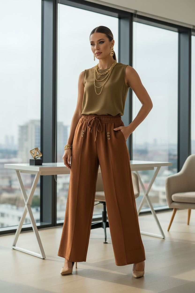 Palazzo Pantaloneta con Elástico, Liga Ajustable y Botones Laterales | Talla Única