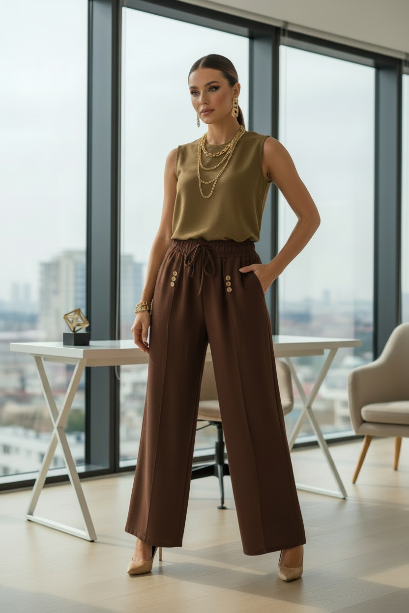 Palazzo Pantaloneta con Elástico, Liga Ajustable y Botones Laterales | Talla Única