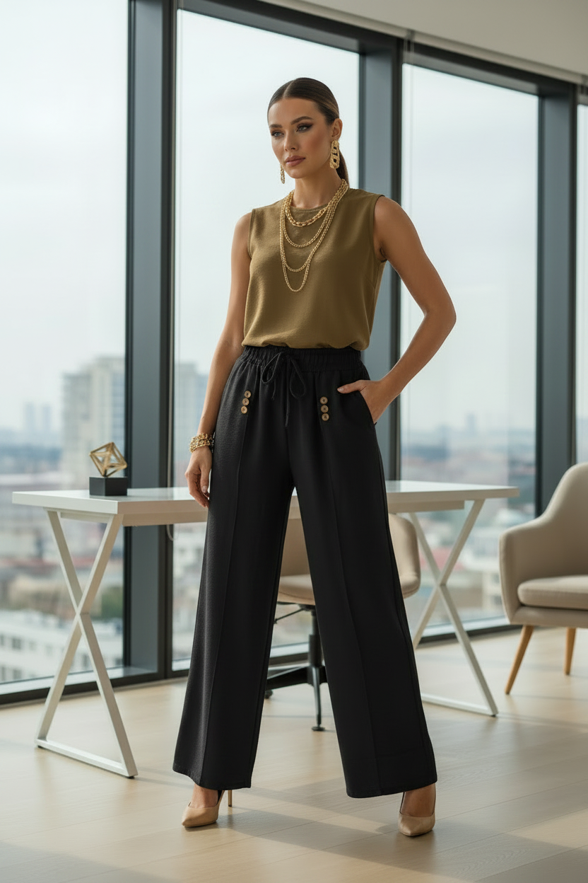 Palazzo Pantaloneta con Elástico, Liga Ajustable y Botones Laterales | Talla Única