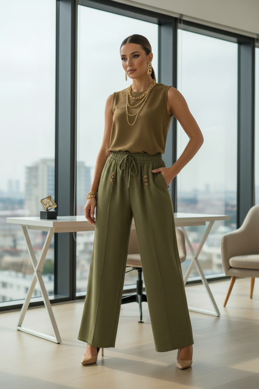 Palazzo Pantaloneta con Elástico, Liga Ajustable y Botones Laterales | Talla Única