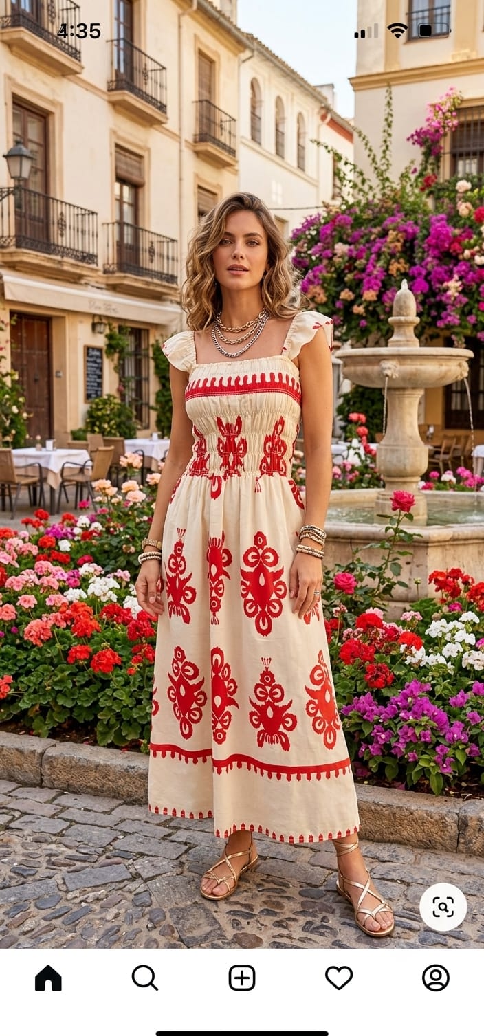 Vestido Maxi Ikat con Bordado Folk, Tirantes y Corpiño Smocked