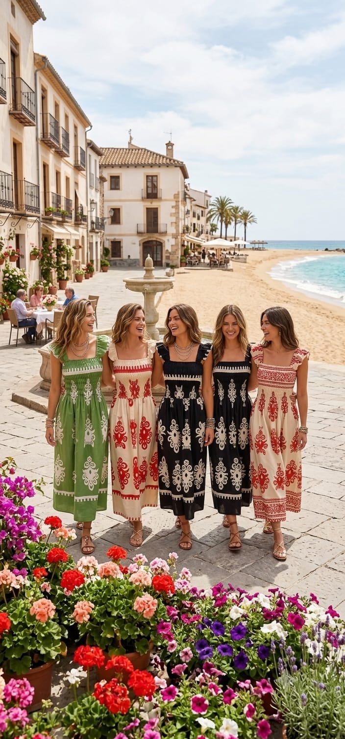 Vestido Maxi Ikat con Bordado Folk, Tirantes y Corpiño Smocked