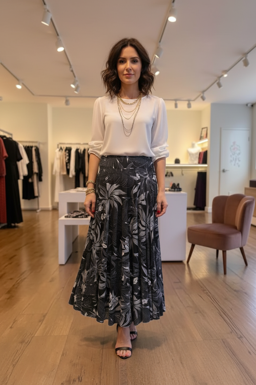 Falda Larga Floral y Cadenas en Negro