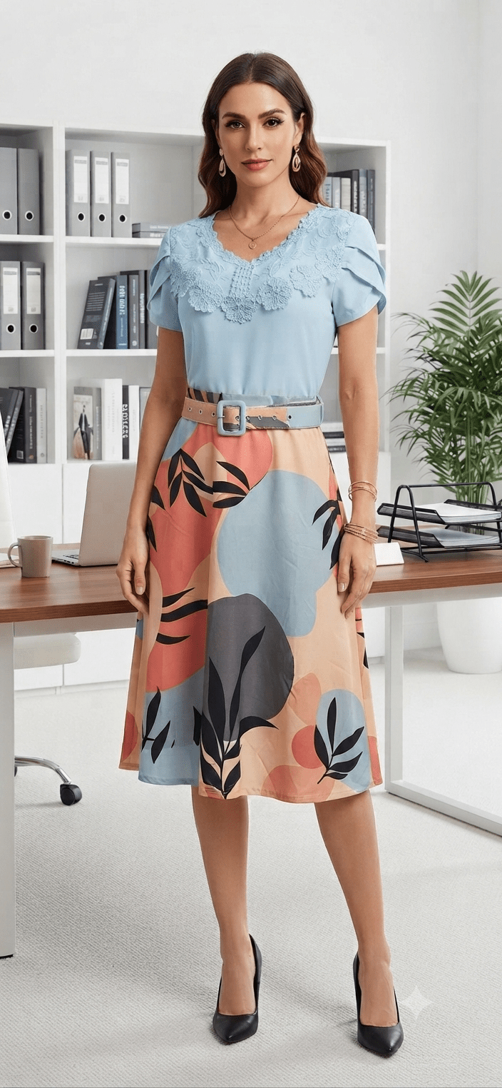 Abstract Print Midi Dress with Adjustable Belt - Angelique Boutique