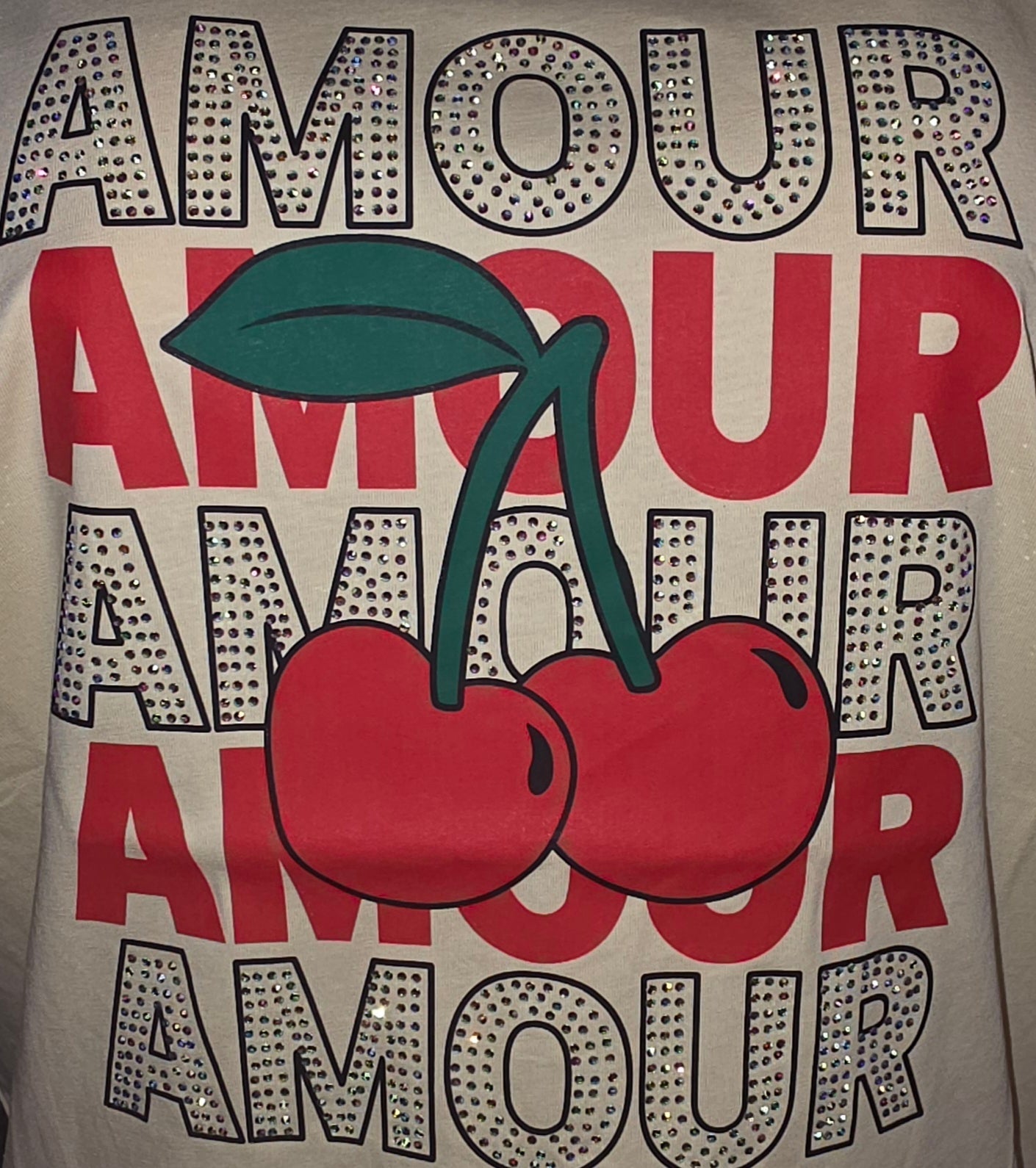 Amour Cherry Rhinestone Glitter T-Shirt for Women - Angelique Boutique