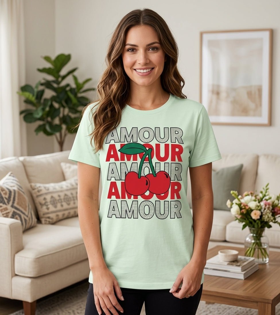 Amour Cherry Rhinestone Glitter T-Shirt for Women - Angelique Boutique