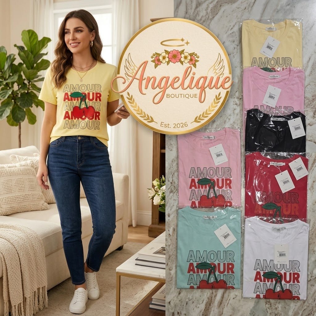 Amour Cherry Rhinestone Glitter T-Shirt for Women - Angelique Boutique
