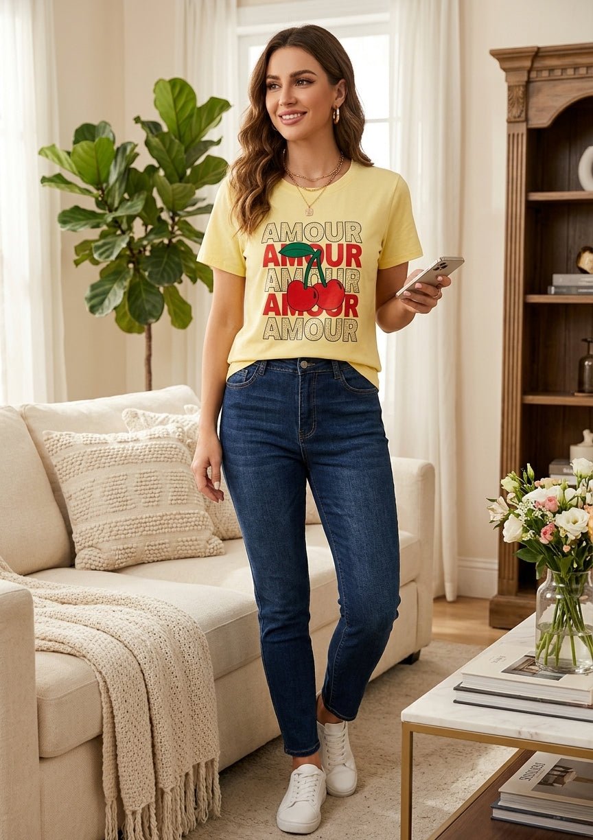 Amour Cherry Rhinestone Glitter T-Shirt for Women - Angelique Boutique