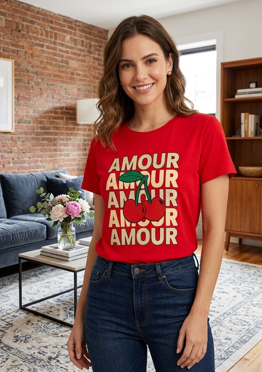 Amour Cherry Rhinestone Glitter T-Shirt for Women - Angelique Boutique