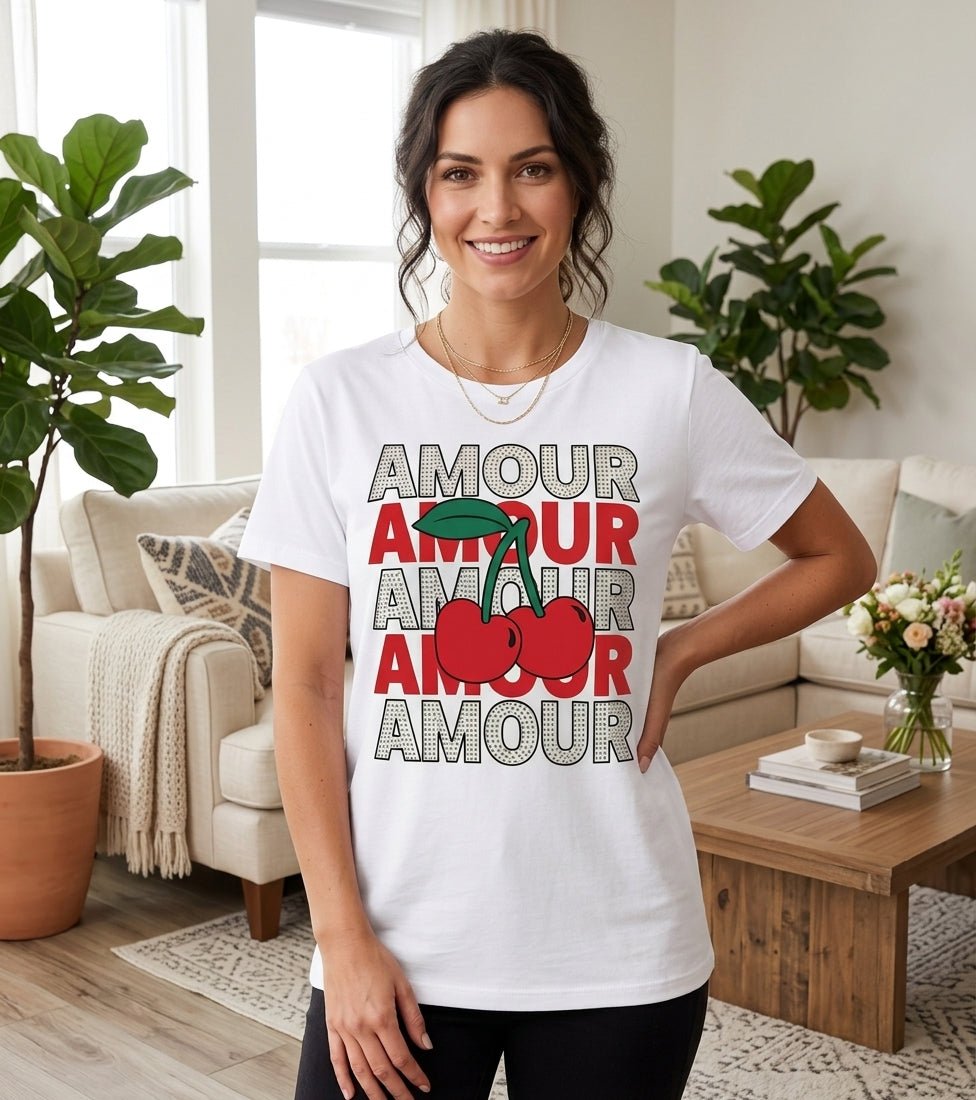 Amour Cherry Rhinestone Glitter T-Shirt for Women - Angelique Boutique