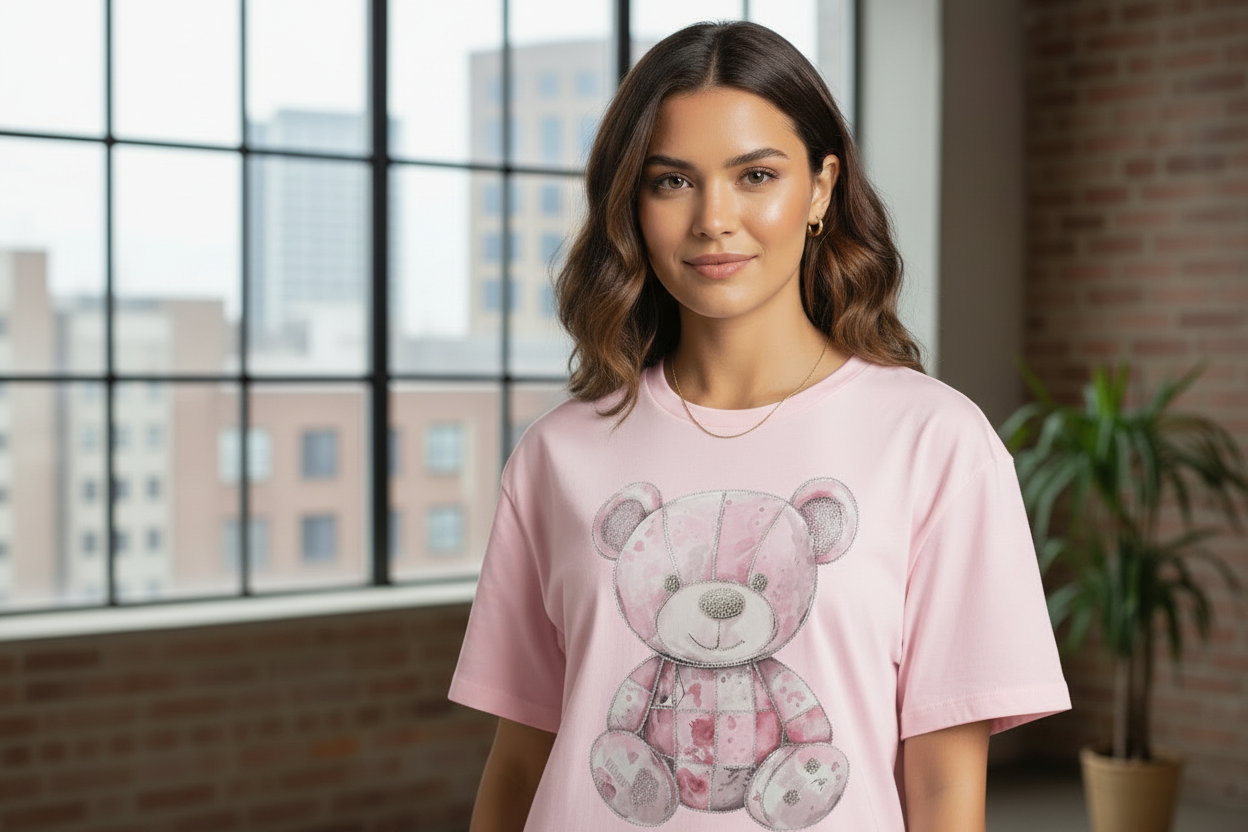 Blusa Manga Corta de Osita con Pedrería y Brillo | Duradera y Glamorosa