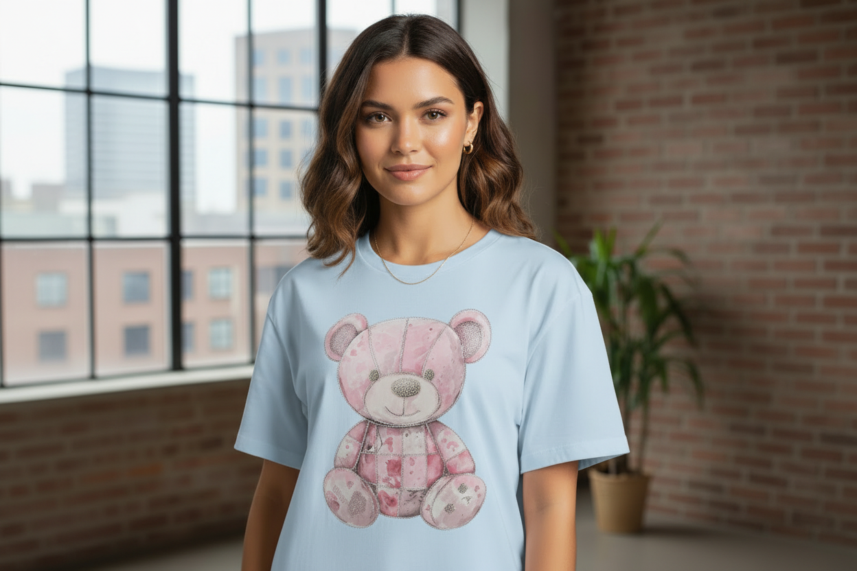 Blusa Manga Corta de Osita con Pedrería y Brillo | Duradera y Glamorosa