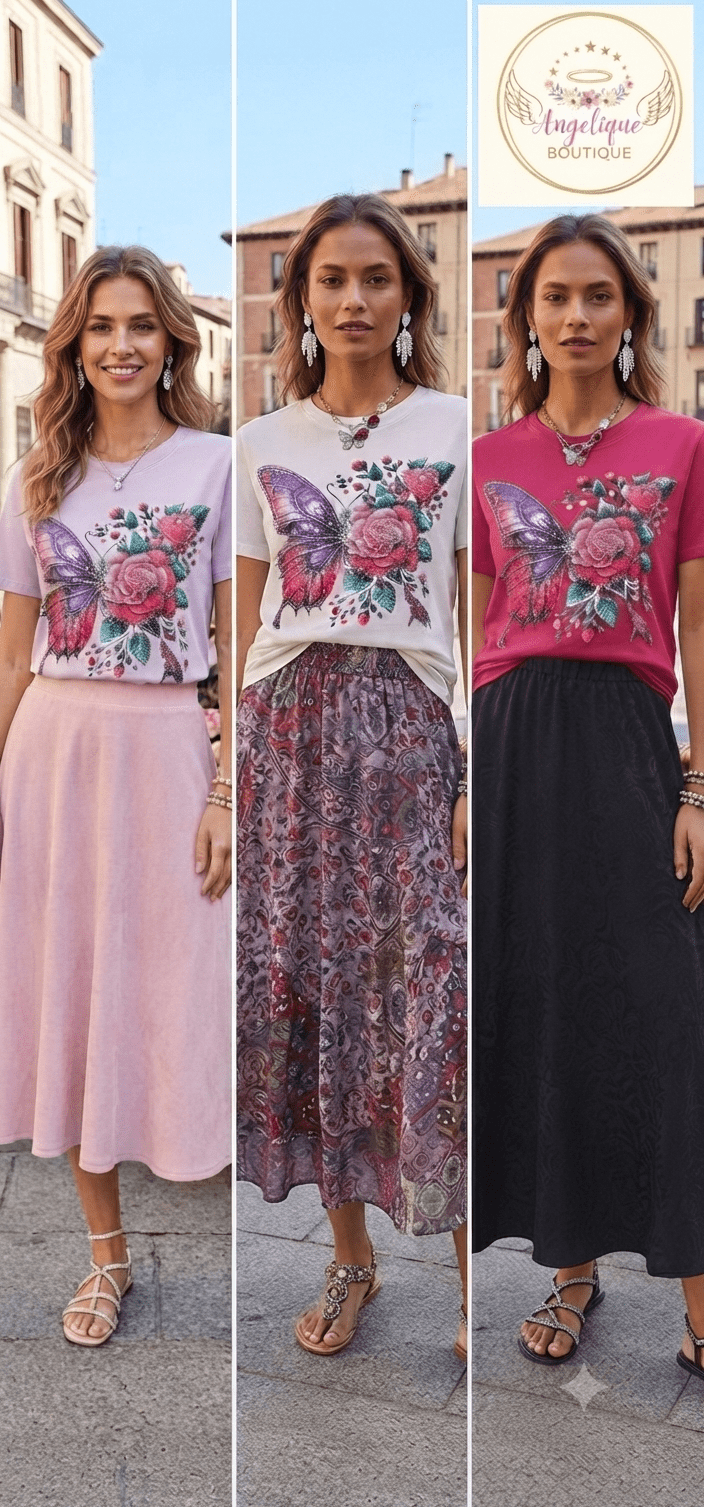 Butterfly Rose Rhinestone Graphic Tee | Women's Short Sleeve Top - Angelique Boutique