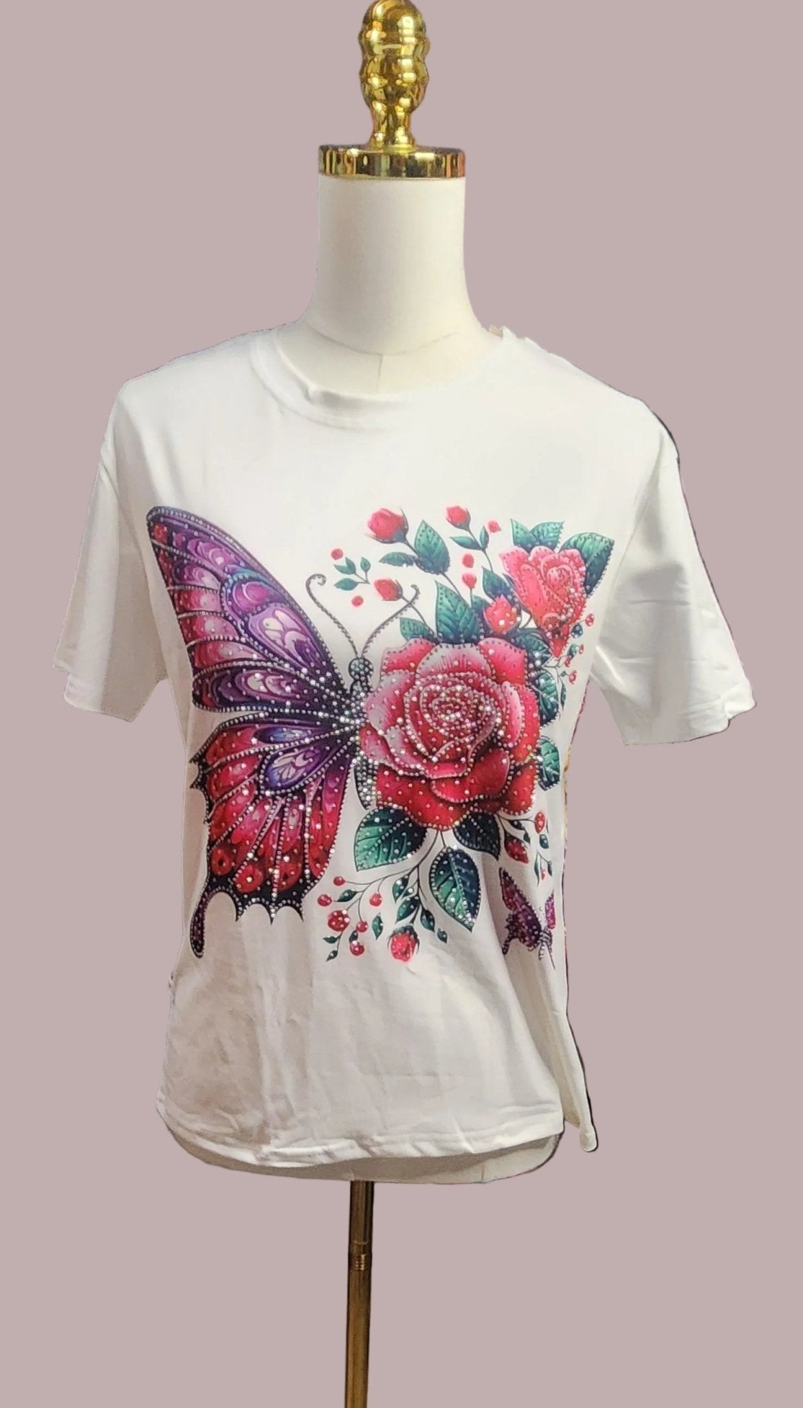 Butterfly Rose Rhinestone Graphic Tee | Women's Short Sleeve Top - Angelique Boutique