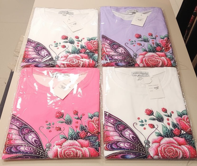 Butterfly Rose Rhinestone Graphic Tee | Women's Short Sleeve Top - Angelique Boutique