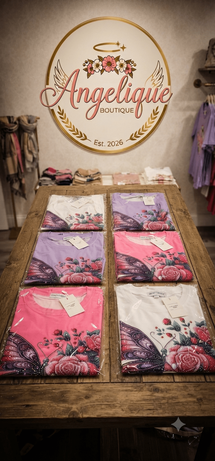 Butterfly Rose Rhinestone Graphic Tee | Women's Short Sleeve Top - Angelique Boutique