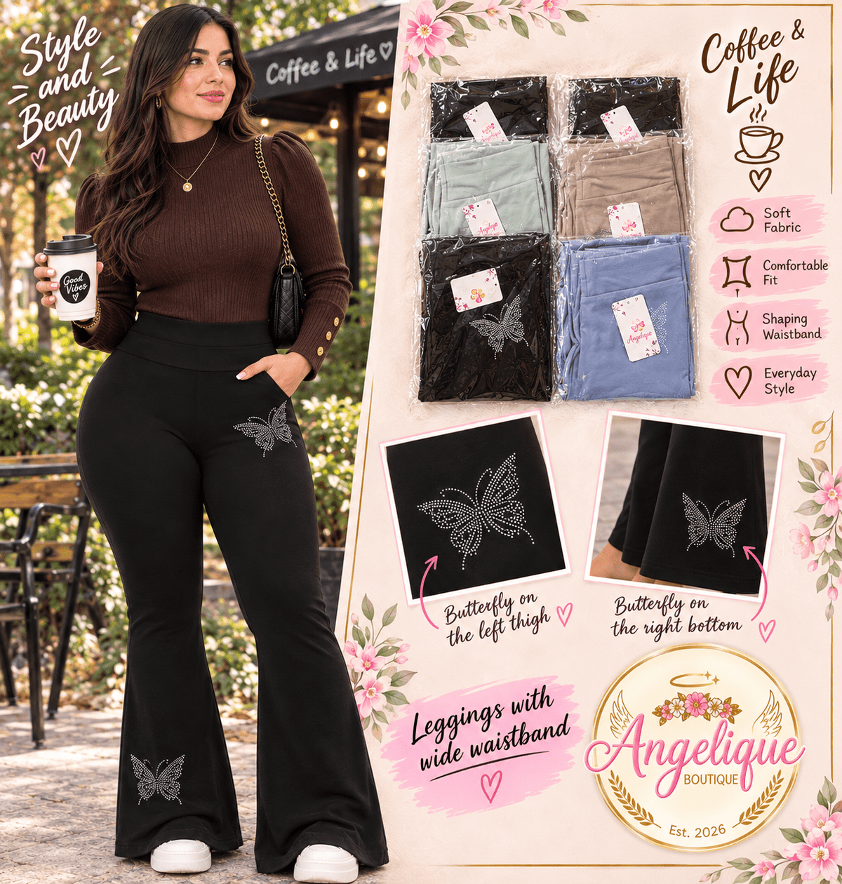 Butterfly Stone Leggings – Wide Waistband & Rhinestone Detail - Angelique Boutique