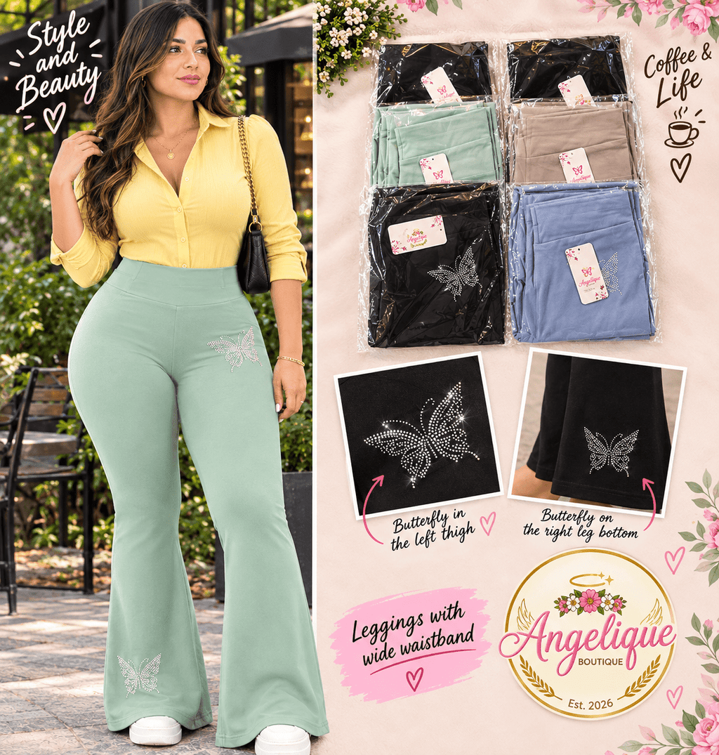 Butterfly Stone Leggings – Wide Waistband & Rhinestone Detail - Angelique Boutique