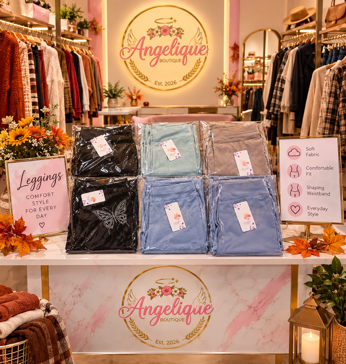 Butterfly Stone Leggings – Wide Waistband & Rhinestone Detail - Angelique Boutique
