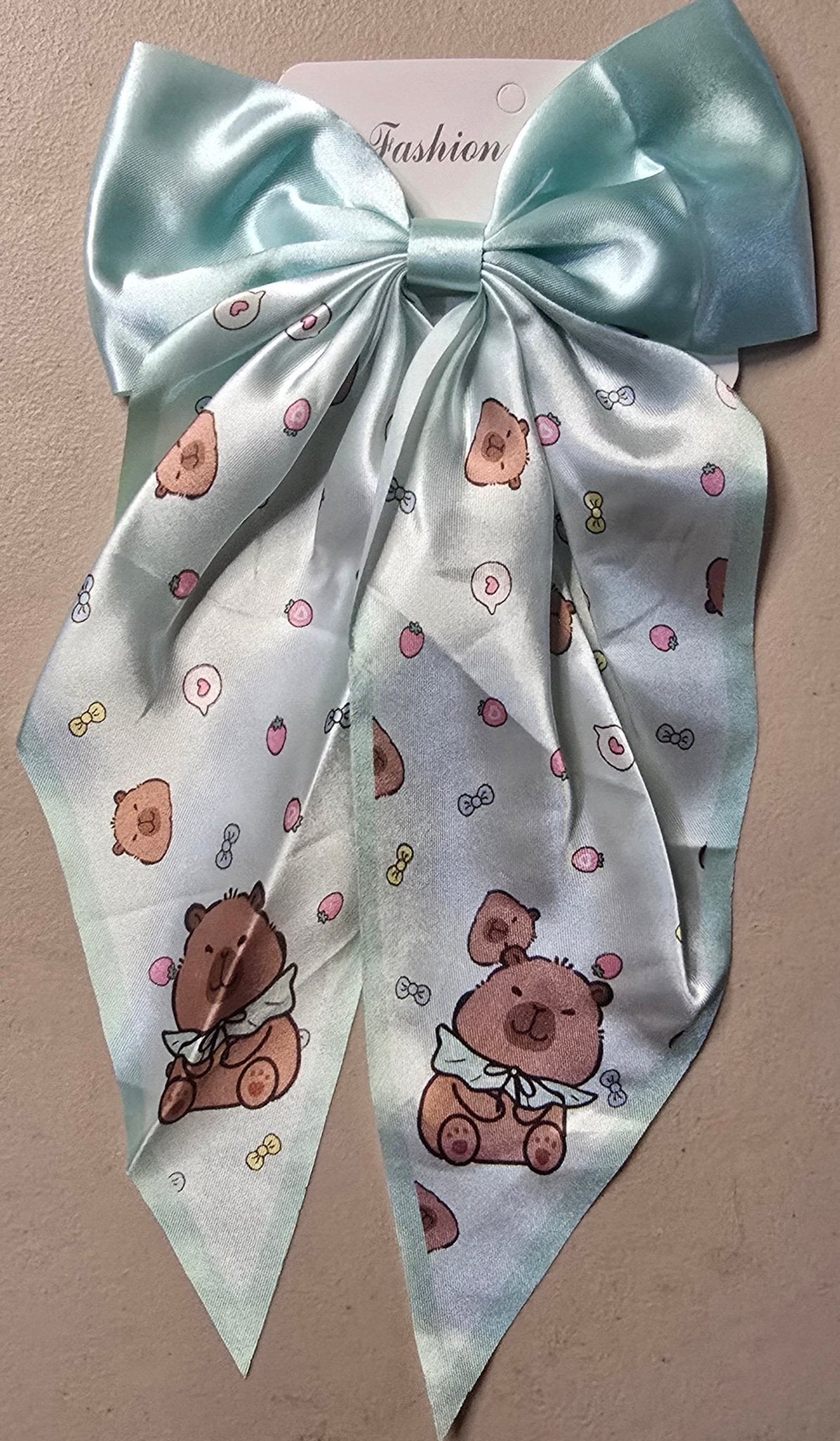 Capybara Coquette Satin Hair Bow for Girls – Long Ribbon Bow Clip - Angelique Boutique