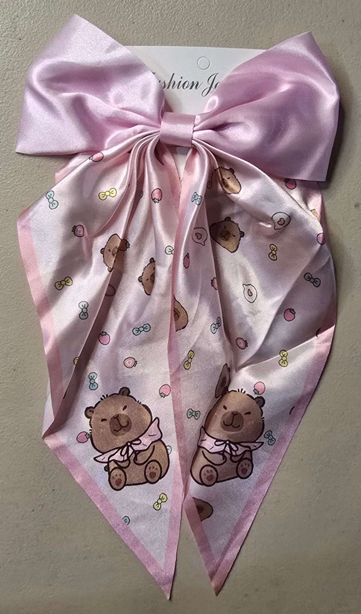 Capybara Coquette Satin Hair Bow for Girls – Long Ribbon Bow Clip - Angelique Boutique