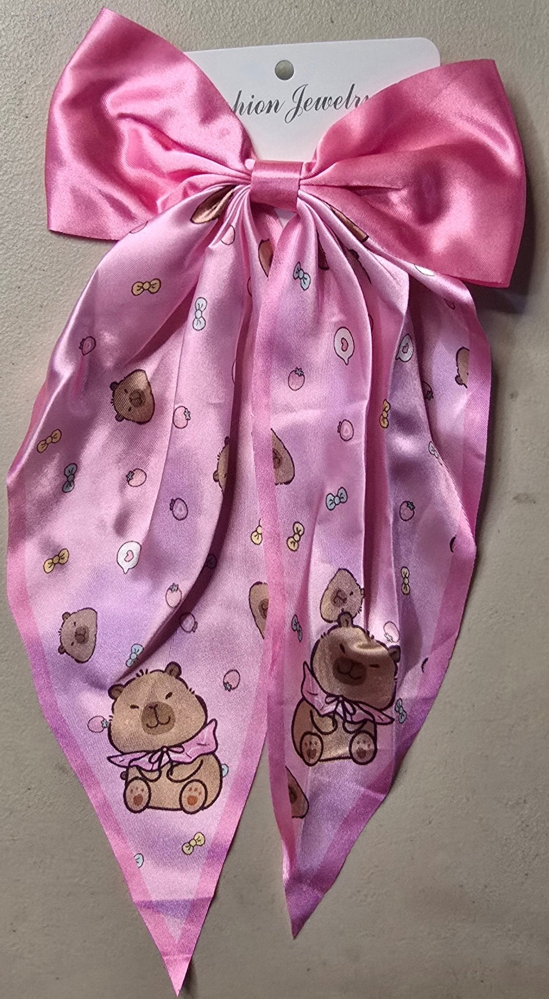 Capybara Coquette Satin Hair Bow for Girls – Long Ribbon Bow Clip - Angelique Boutique