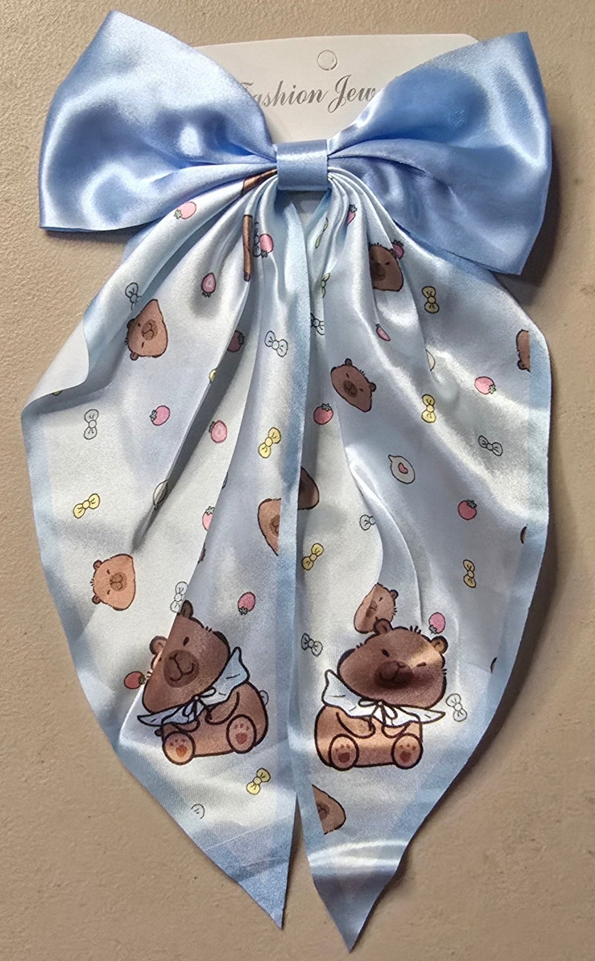 Capybara Coquette Satin Hair Bow for Girls – Long Ribbon Bow Clip - Angelique Boutique
