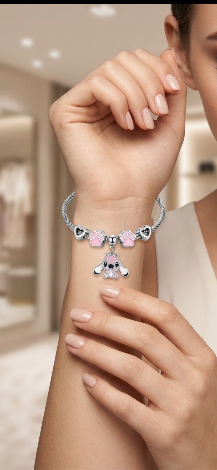 Cartoon Character Charm Bead Bracelet Stainless Steel – Pink & Blue - Angelique Boutique