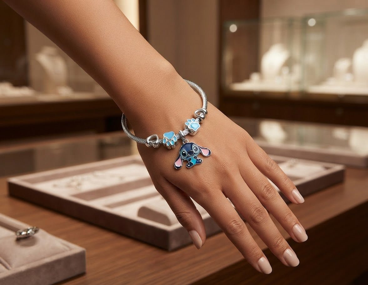 Cartoon Character Charm Bead Bracelet Stainless Steel – Pink & Blue - Angelique Boutique