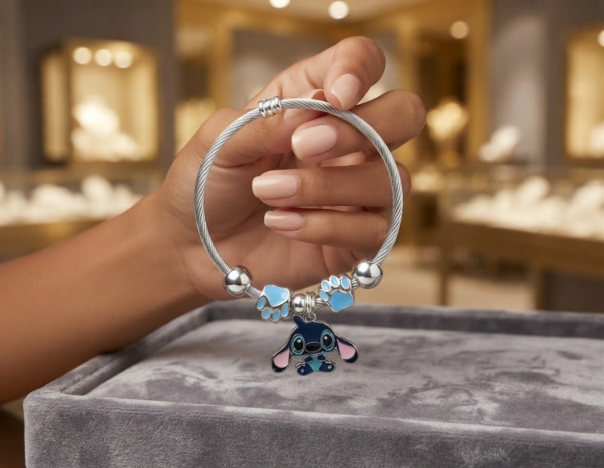 Cartoon Character Charm Bead Bracelet Stainless Steel – Pink & Blue - Angelique Boutique