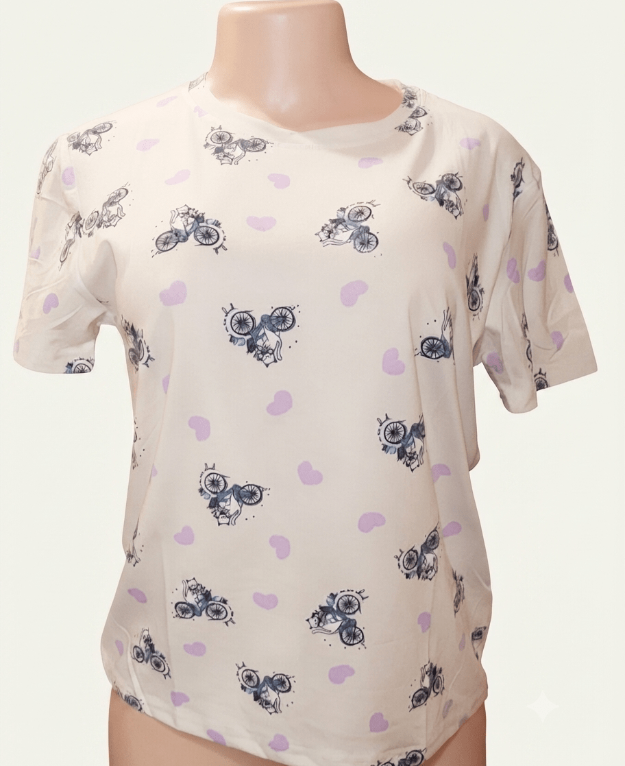 Cat on a Bicycle Blouse with Heart Detail – Women's Graphic Top - Angelique Boutique