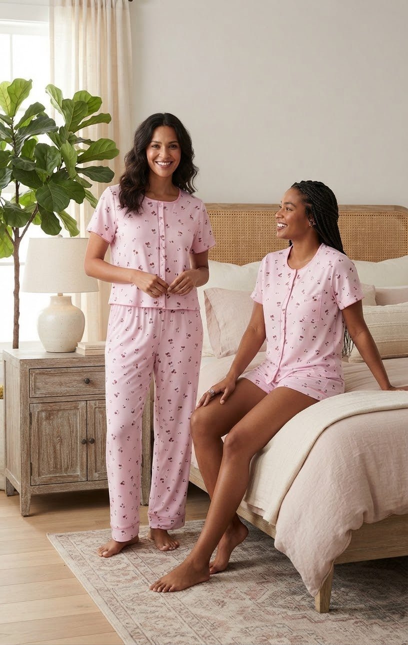 Cherry Print 3-Piece Pajama Set – Women's Sleepwear - Angelique Boutique