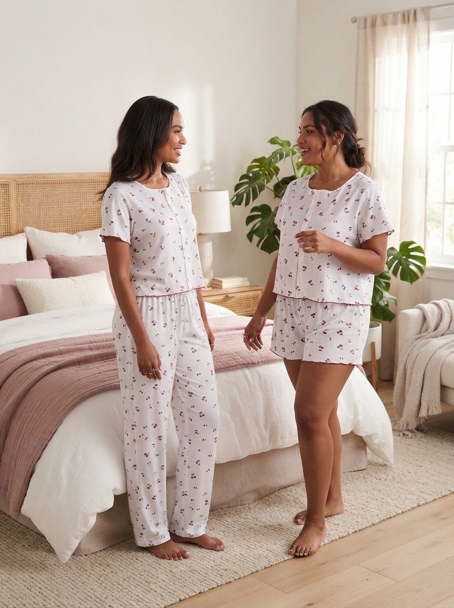 Cherry Print 3-Piece Pajama Set – Women's Sleepwear - Angelique Boutique
