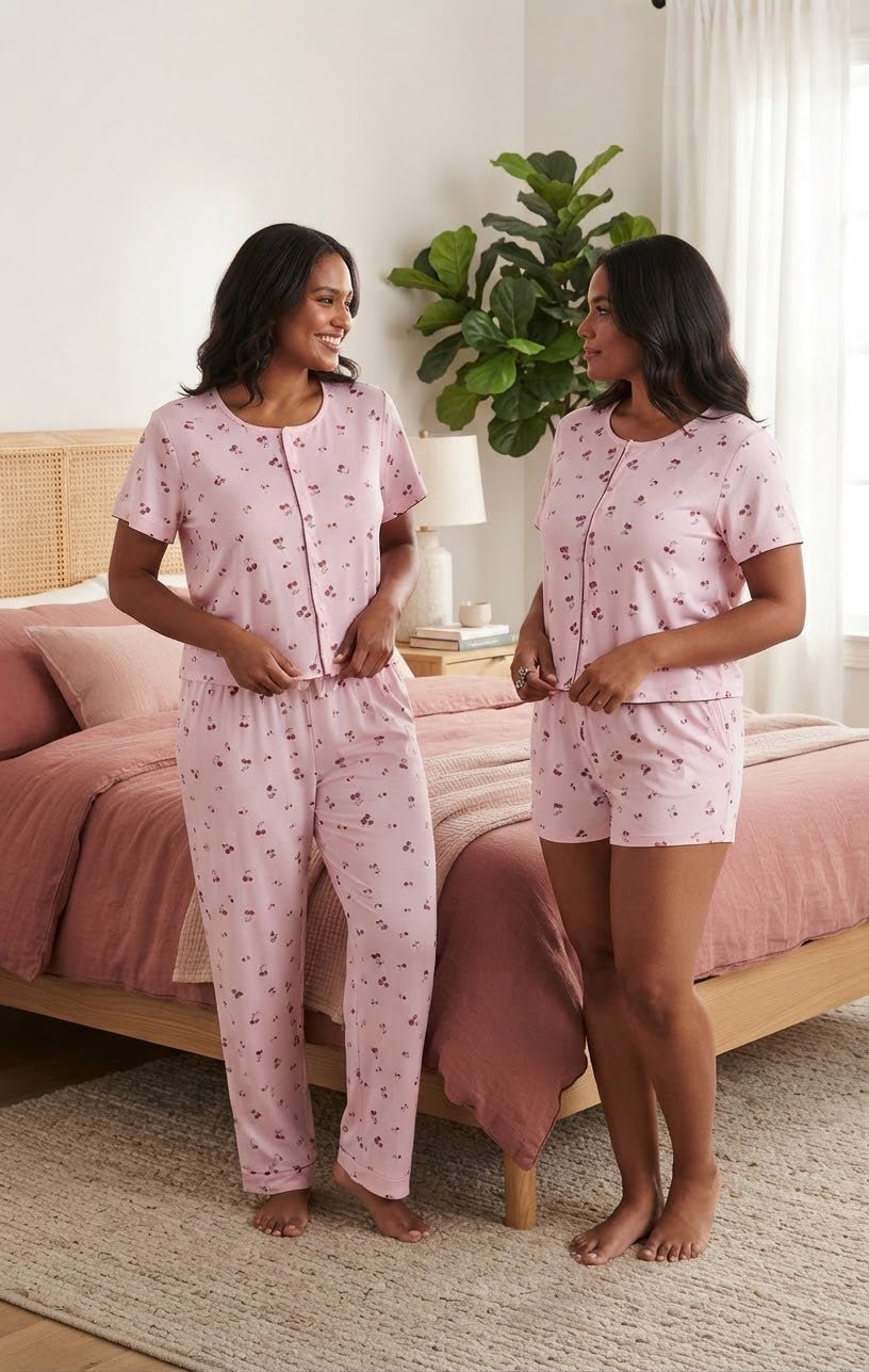 Cherry Print 3-Piece Pajama Set – Women's Sleepwear - Angelique Boutique