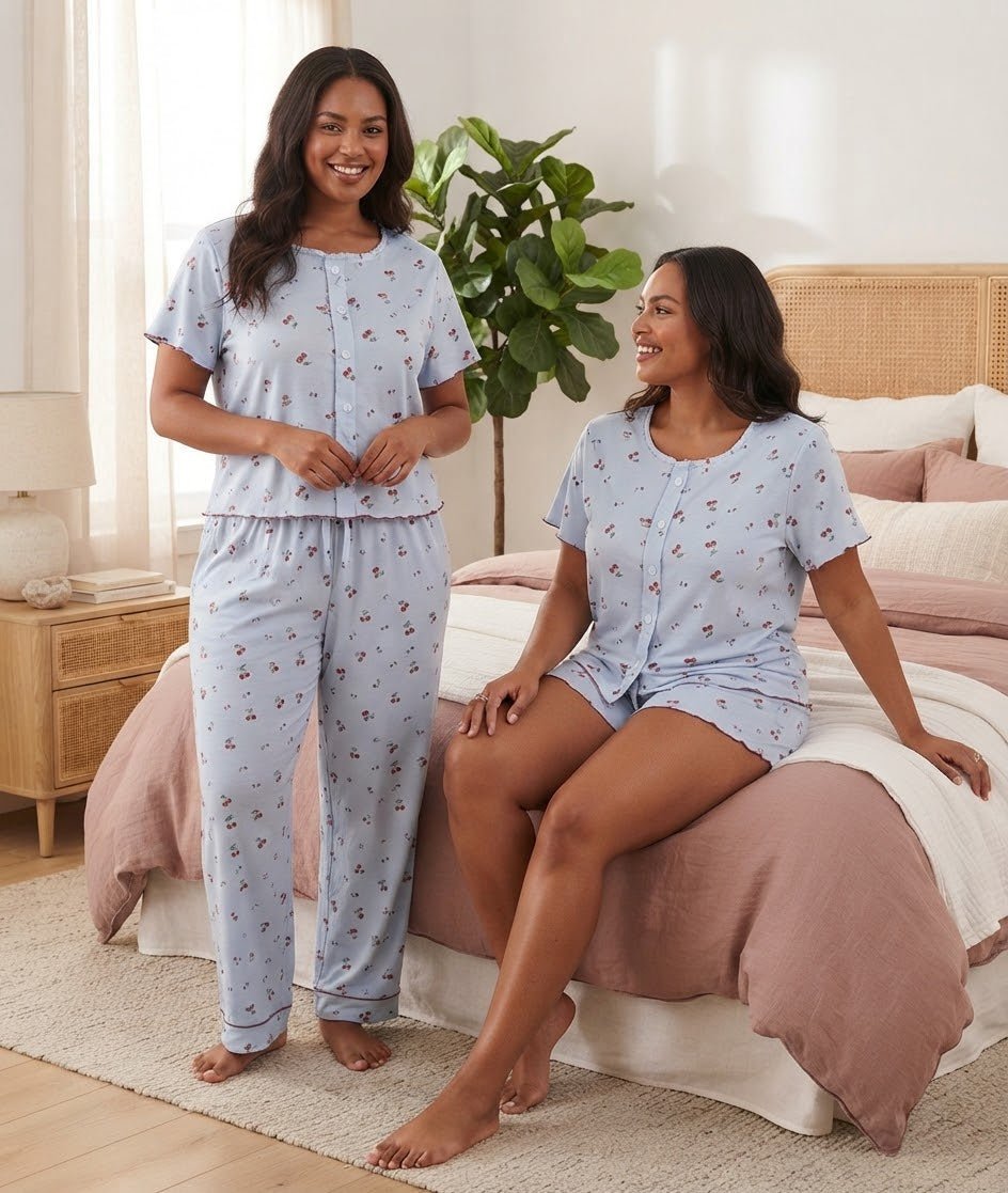 Cherry Print 3-Piece Pajama Set – Women's Sleepwear - Angelique Boutique