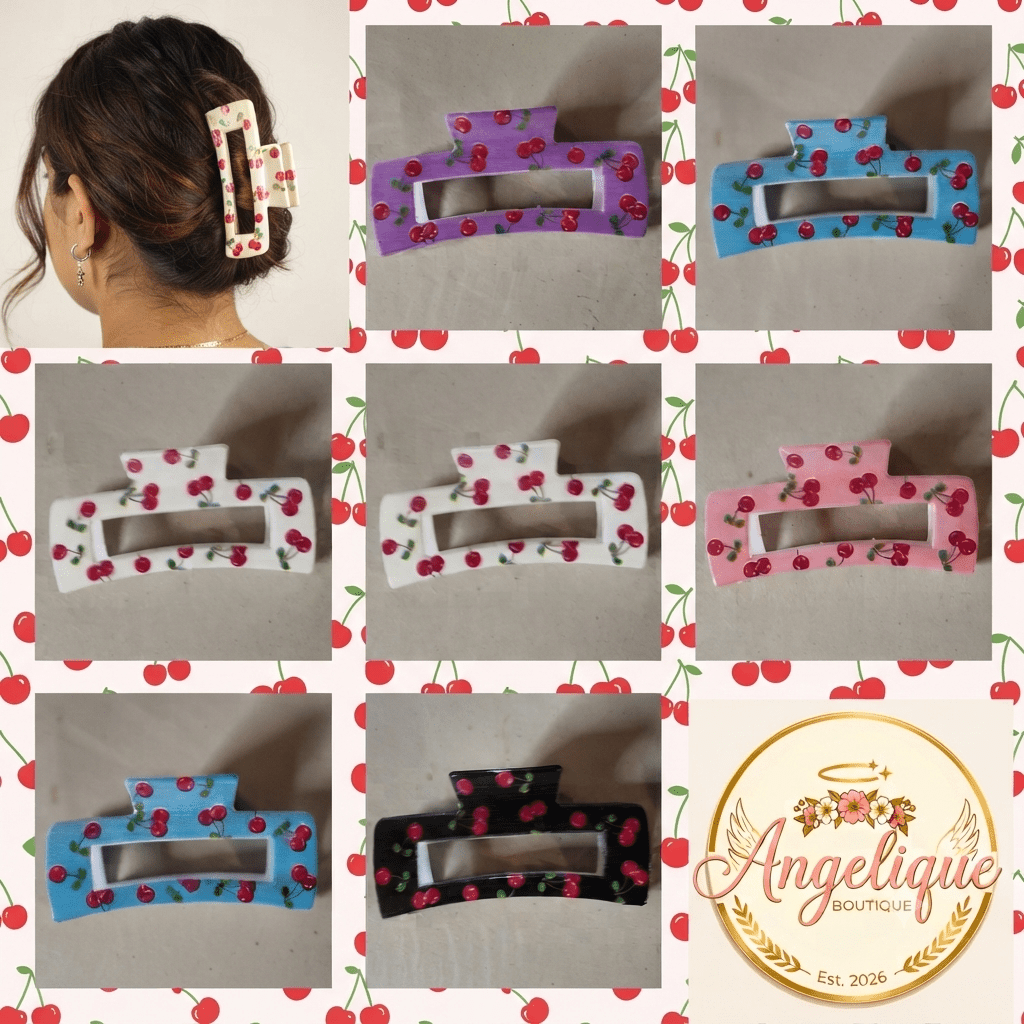 Cherry Print Rectangle Hair Claw Clips – 7 Colors - Angelique Boutique