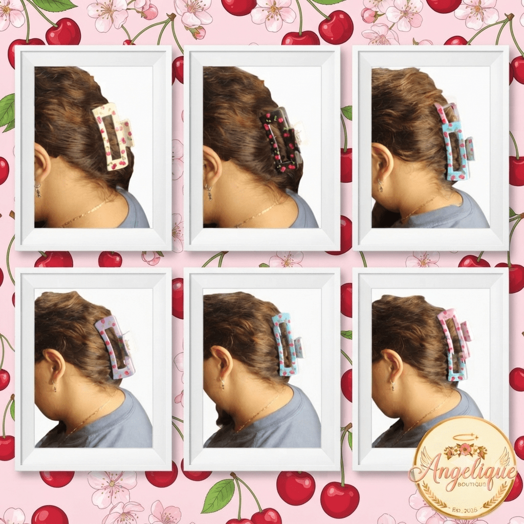 Cherry Print Rectangle Hair Claw Clips – 7 Colors - Angelique Boutique