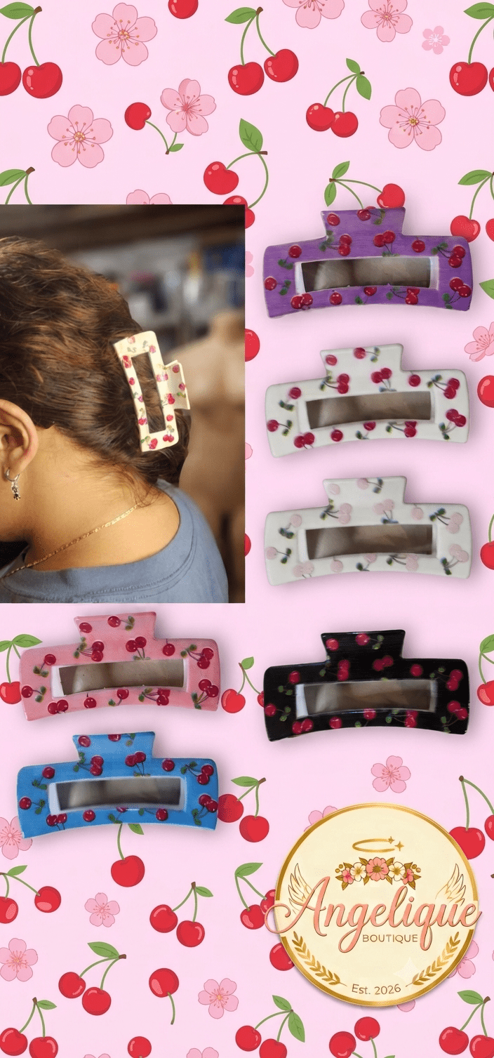 Cherry Print Rectangle Hair Claw Clips – 7 Colors - Angelique Boutique