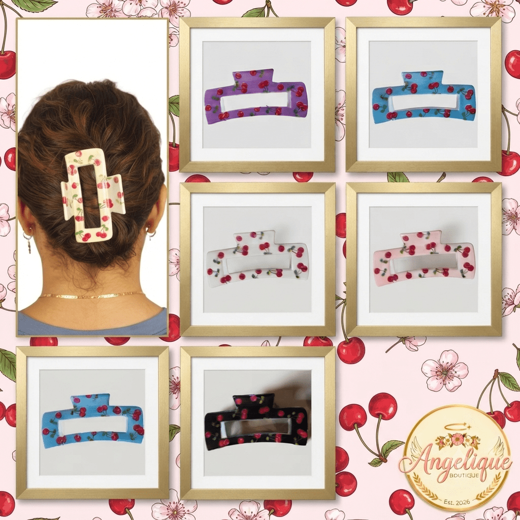 Cherry Print Rectangle Hair Claw Clips – 7 Colors - Angelique Boutique