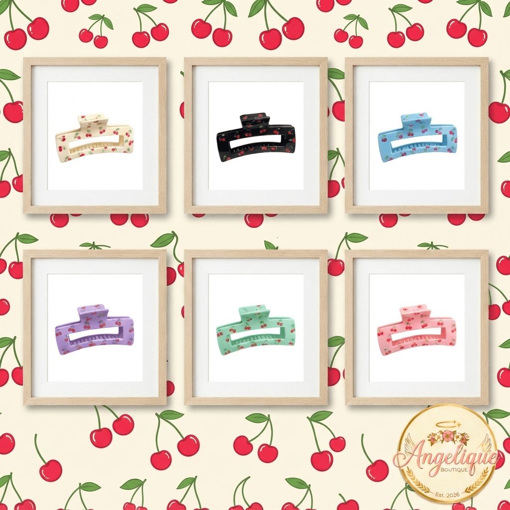 Cherry Print Rectangle Hair Claw Clips – 7 Colors - Angelique Boutique