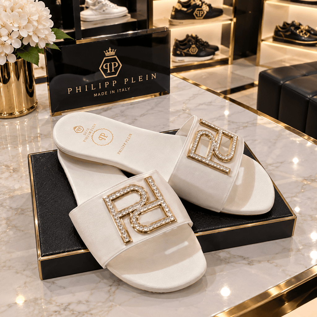 Crystal Logo Slide Sandals – White & Nude | Luxury Style - Angelique Boutique