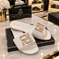 Crystal Logo Slide Sandals – White & Nude | Luxury Style - Angelique Boutique