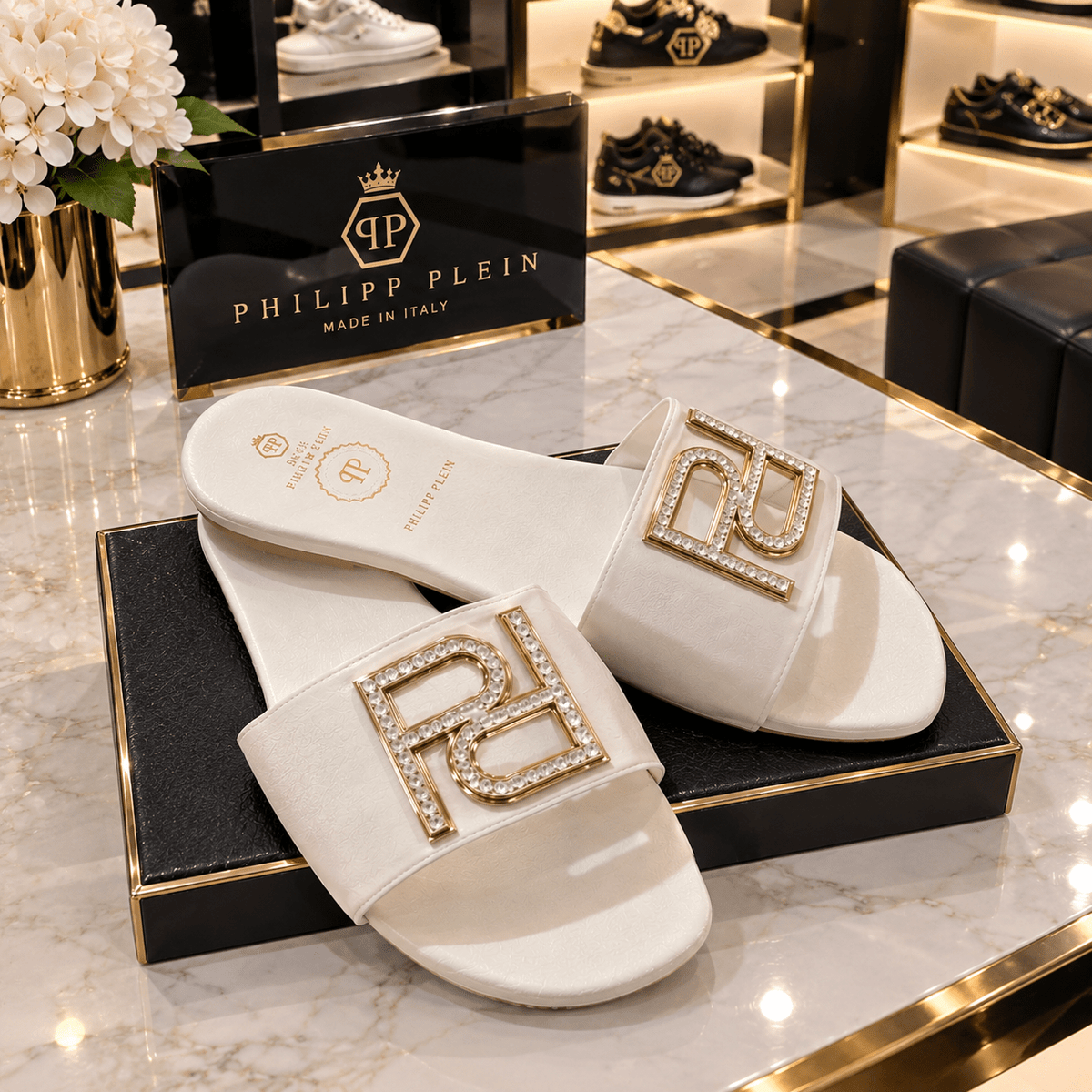 Crystal Logo Slide Sandals – White & Nude | Luxury Style - Angelique Boutique